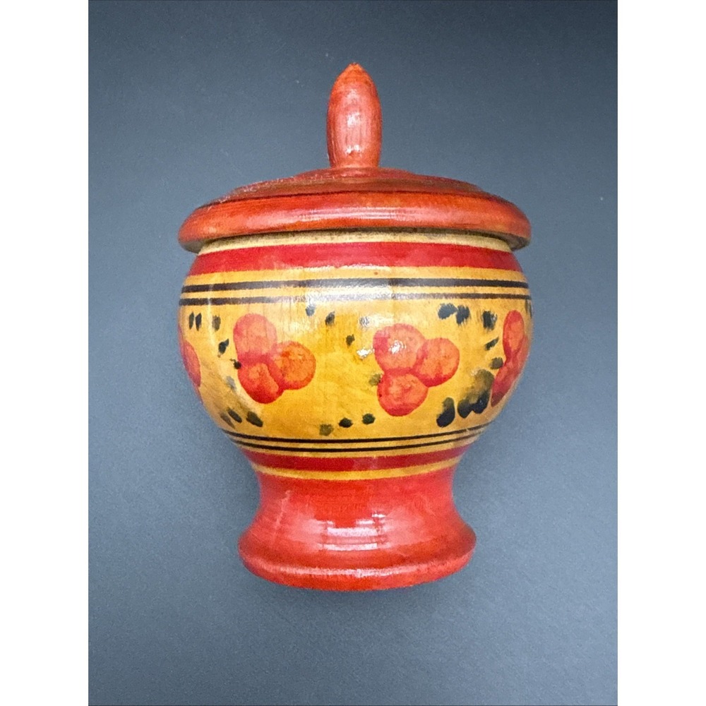 Vintage Russian Khokhloma Folk Art Hand Painted Wooden Small Lidded Trinket Box